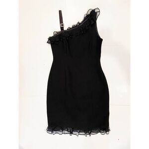 SHANI Ultimate Little Black Dress Silk  Ruffles one shoulder detail size 6